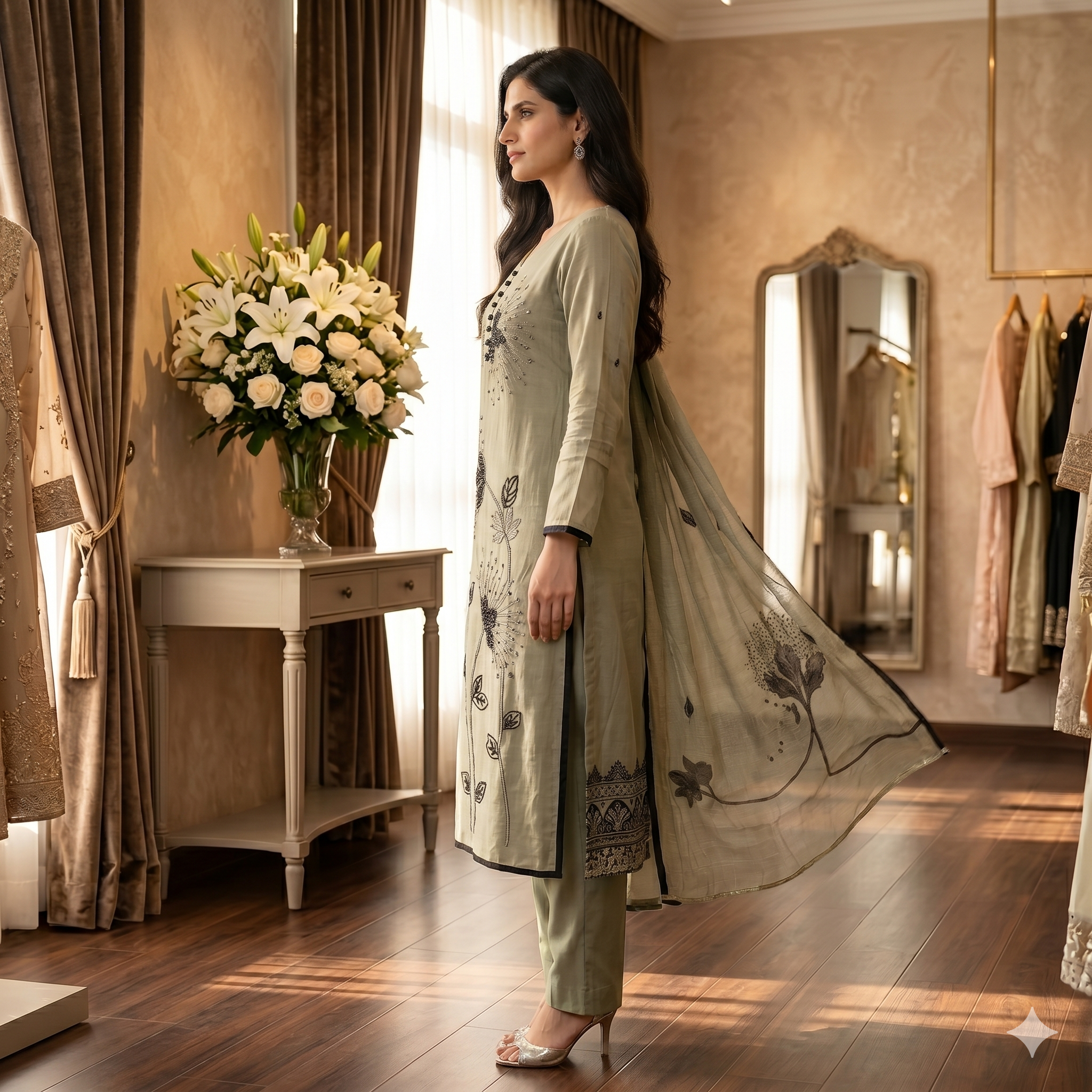 Noor Pista Green Organza Unstitched Suit Set