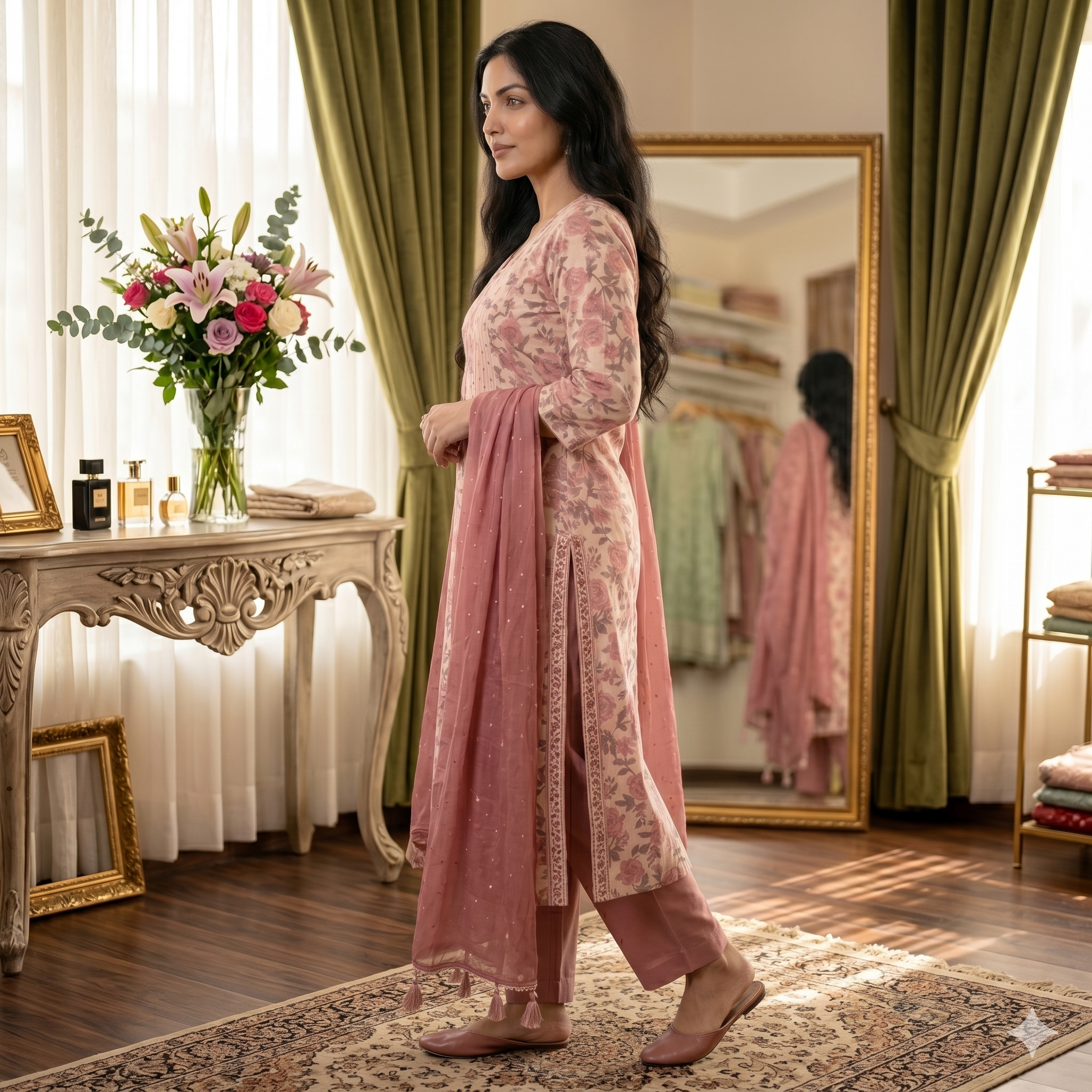 Aafreen Onion Rose – Cambric Cotton Floral Unstitched Suit Set