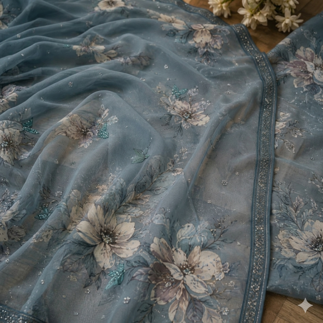 Kinjal Georgette Digital Print Swarovski Work Saree