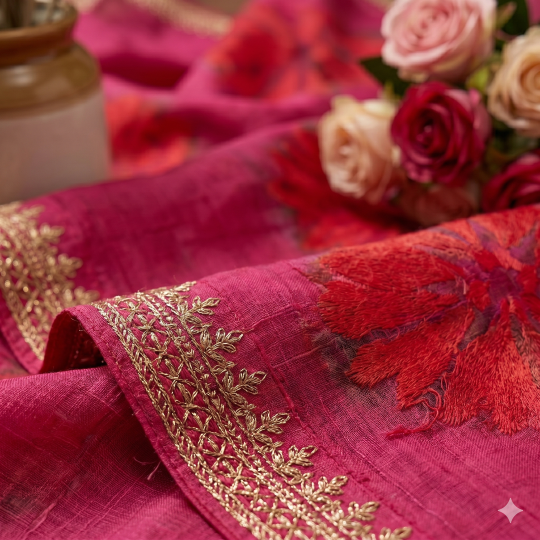 Ruhani Maslin Silk Saree – Digital Print with Heavy Jarkan Border