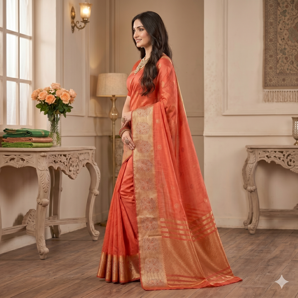 Saanvi Coral Gold Organza Saree
