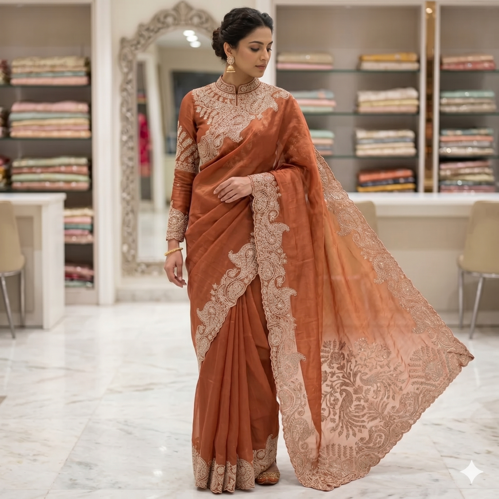 Ethereal Rust Tissue Silk Saree with Swarovski Accents
