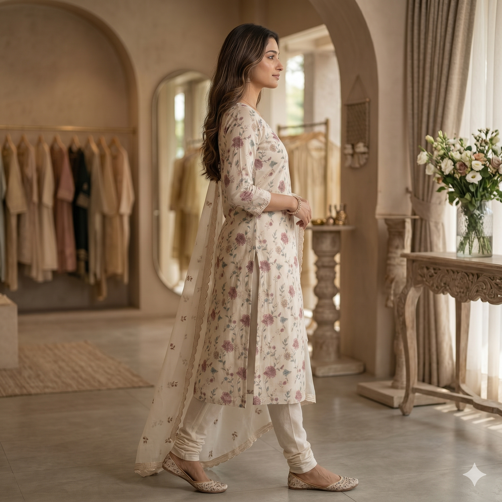 Ayra Ivory White Floral Mul Cotton Unstitched Suit Set