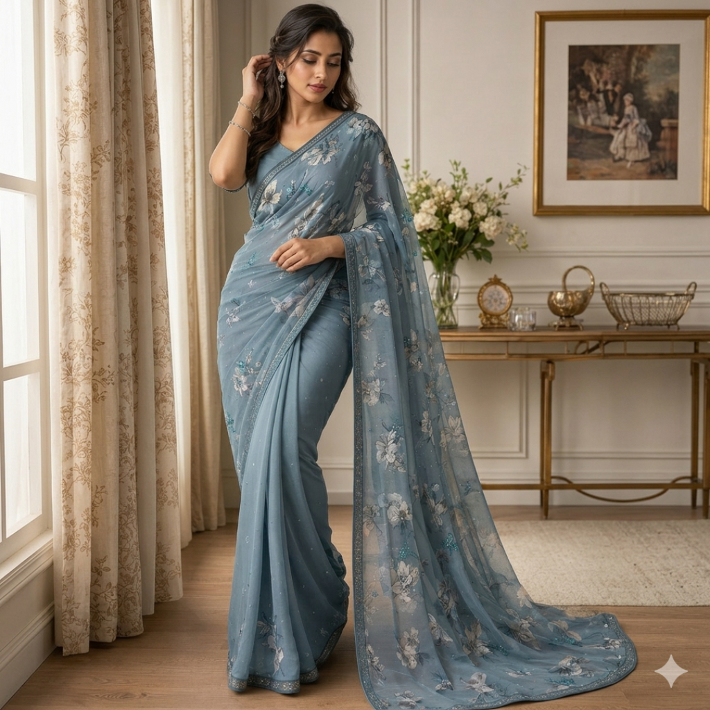 Kinjal Georgette Digital Print Swarovski Work Saree