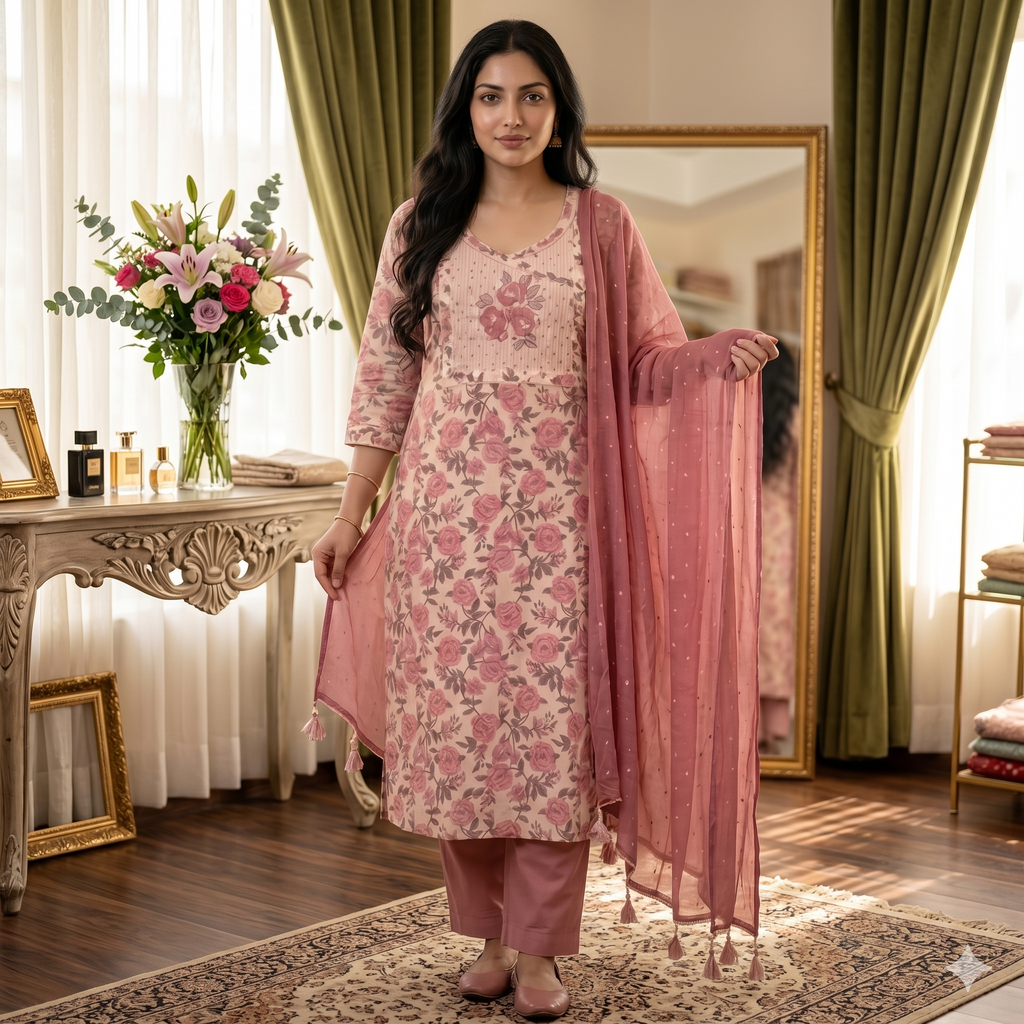 Aafreen Onion Rose – Cambric Cotton Floral Unstitched Suit Set