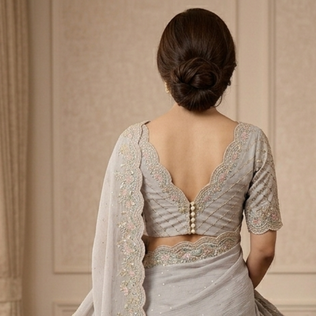 Silver Moonstone Grey Silk Chiffon Saree with Resham & Jarkan Border