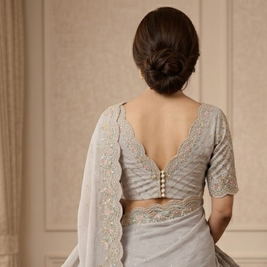Silver Moonstone Grey Silk Chiffon Saree with Resham & Jarkan Border