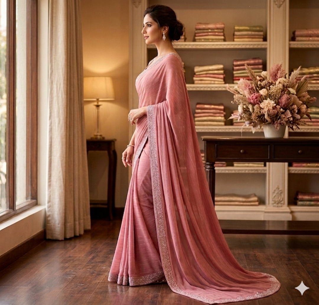 Dark Onion Pink Georgette Saree with Shimmer Lining & Swarovski Work