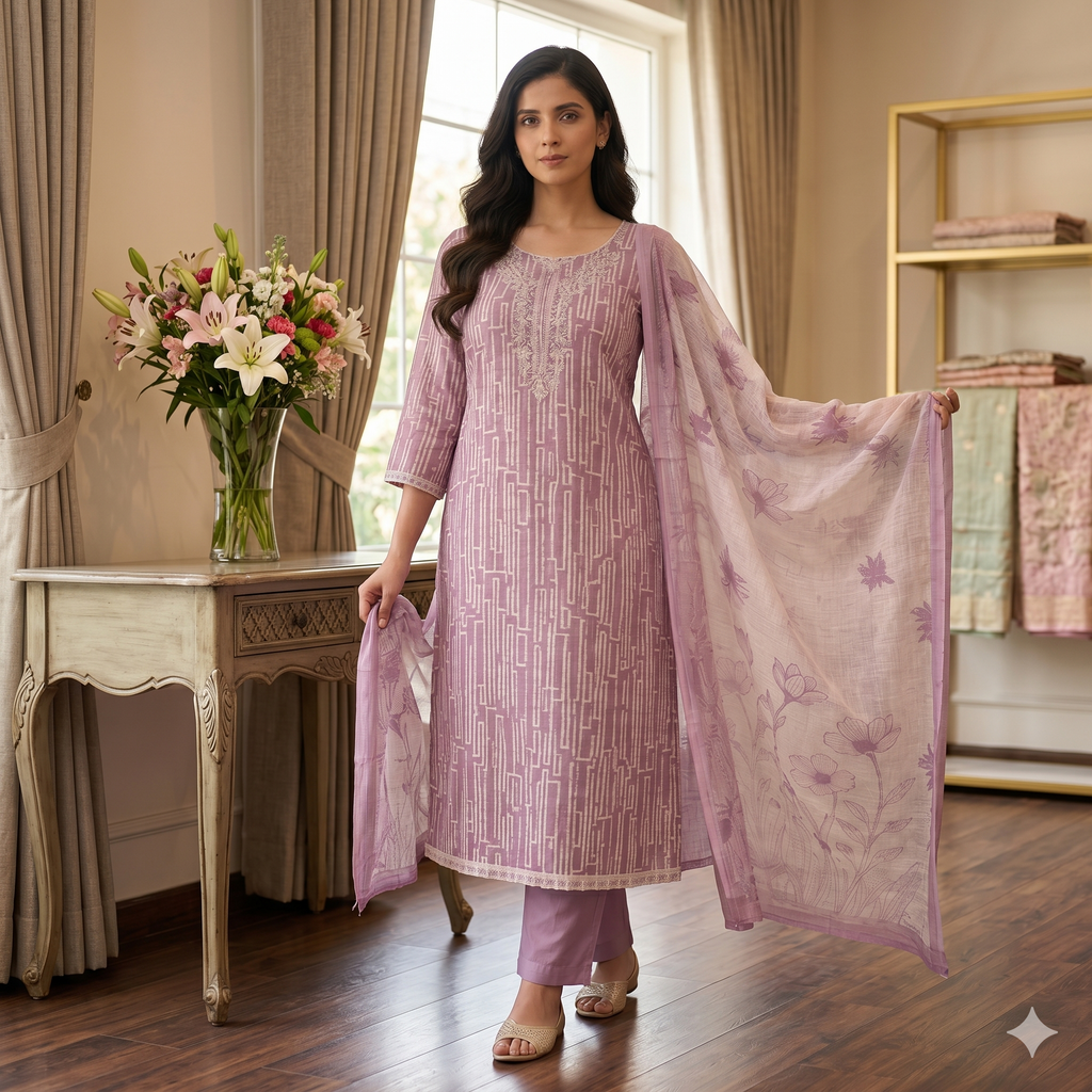 Meher Lavender Grace Linen Cotton Unstitched Suit Set