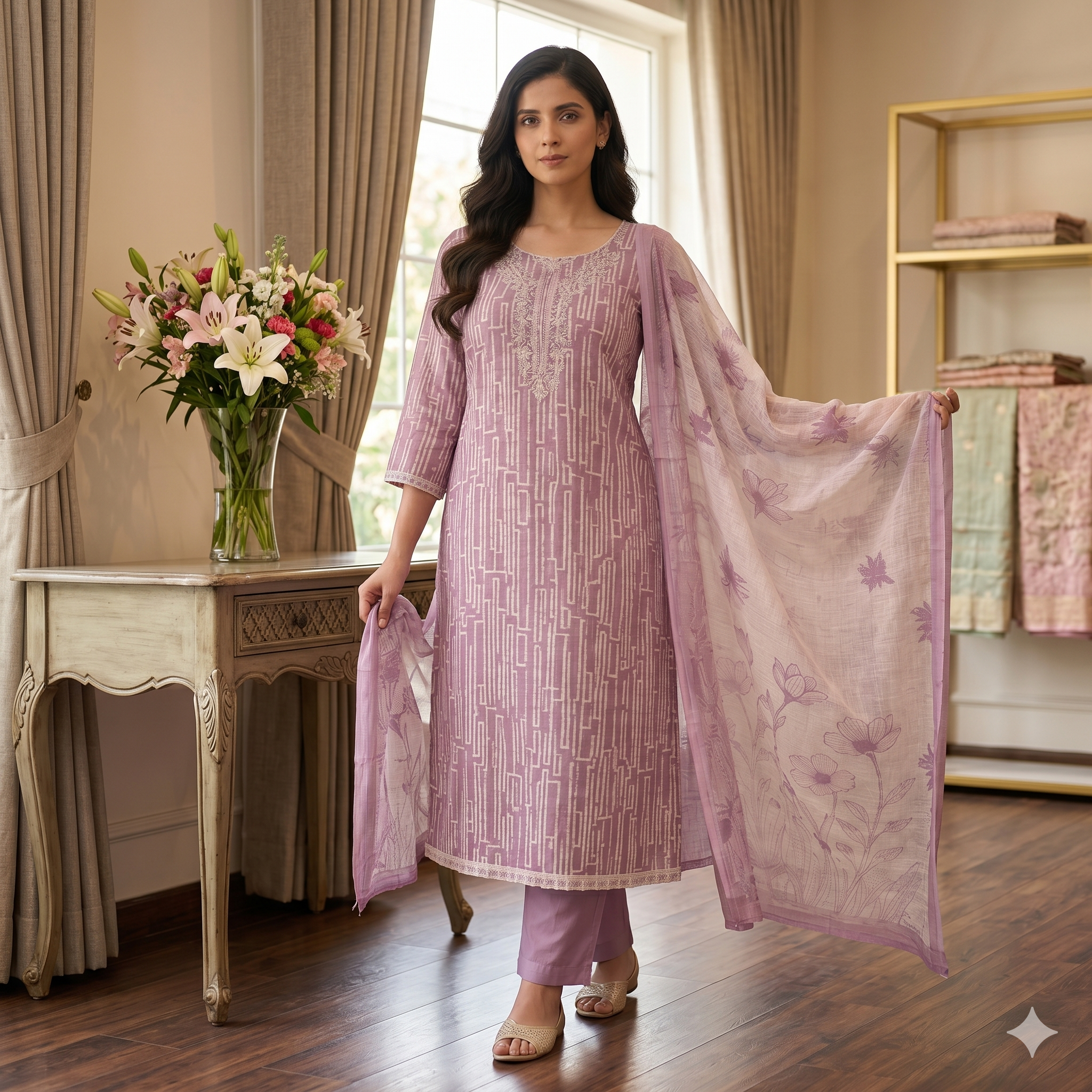 Meher Lavender Grace Linen Cotton Unstitched Suit Set