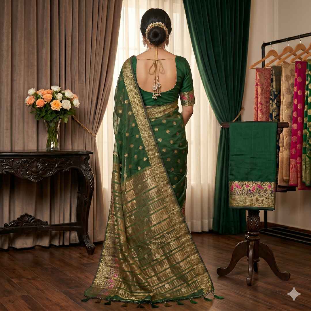 The Vrinda Emerald Green Organza Saree