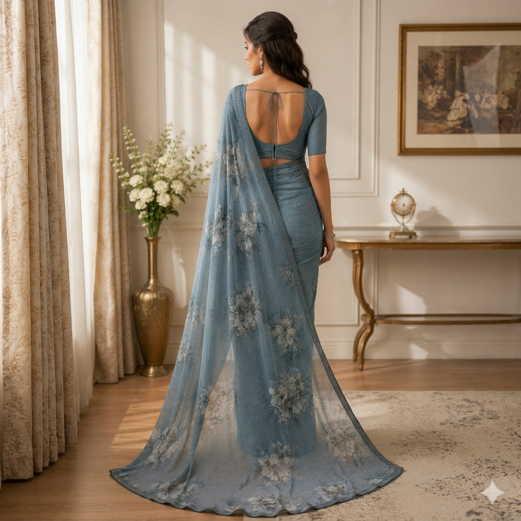 Kinjal Georgette Digital Print Swarovski Work Saree