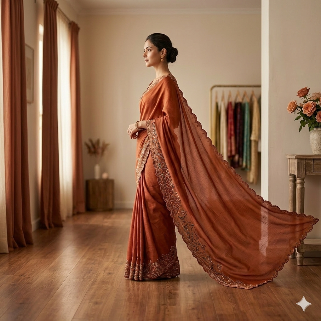 Ethereal Rust Tissue Silk Saree with Swarovski Accents