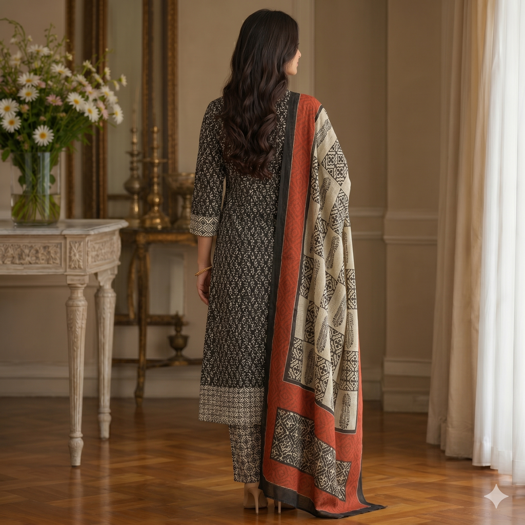 Noir Zarina Block Print Unstitched Suit Set