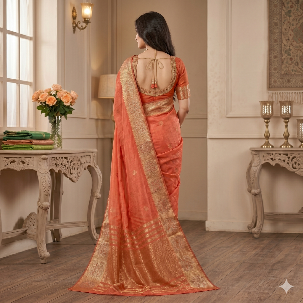 Saanvi Coral Gold Organza Saree