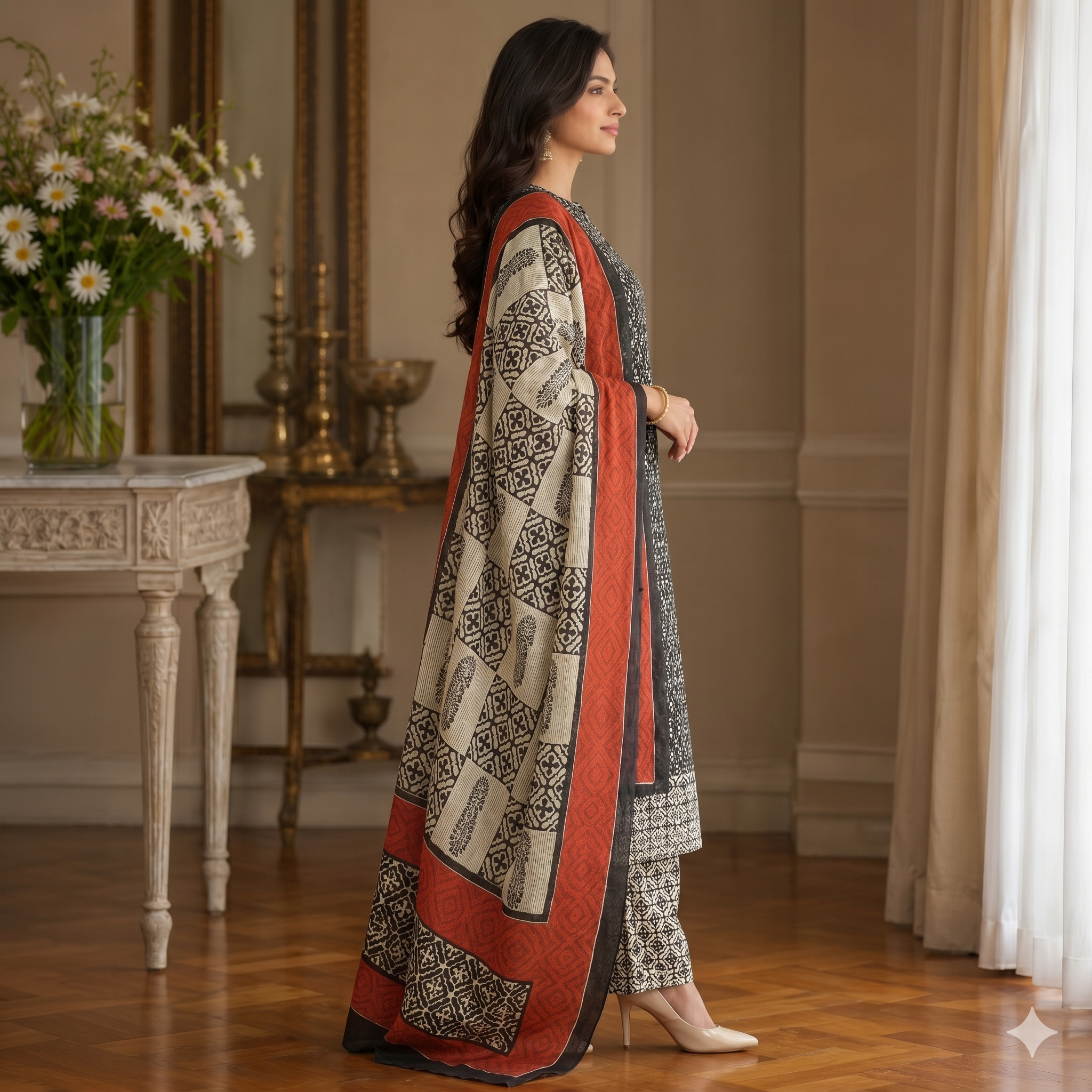 Noir Zarina Block Print Unstitched Suit Set