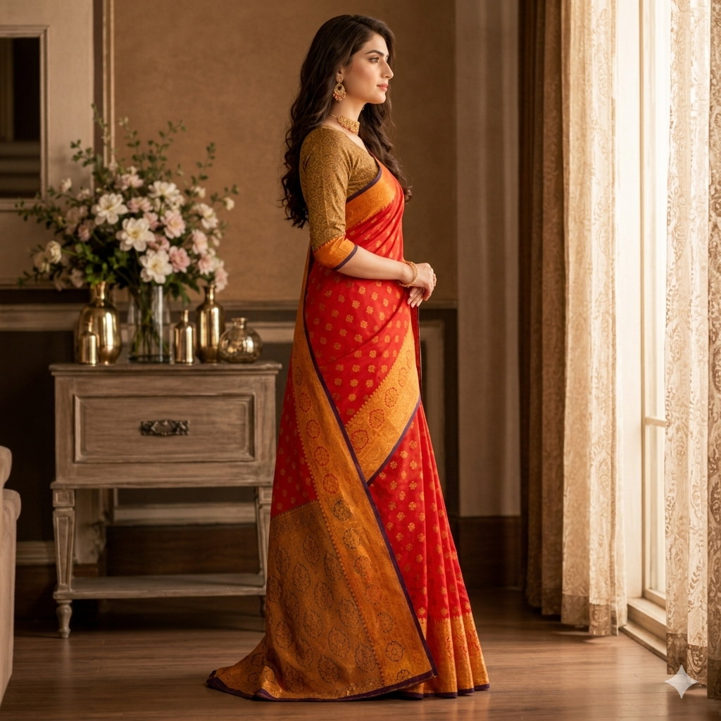 Rajrani Kesarika Cotton Silk Saree in Vermilion Red with Antique Gold Zari Border