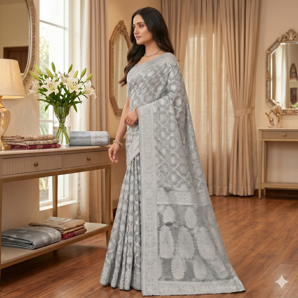 Zafar Silver Mist Cotton Silk Saree