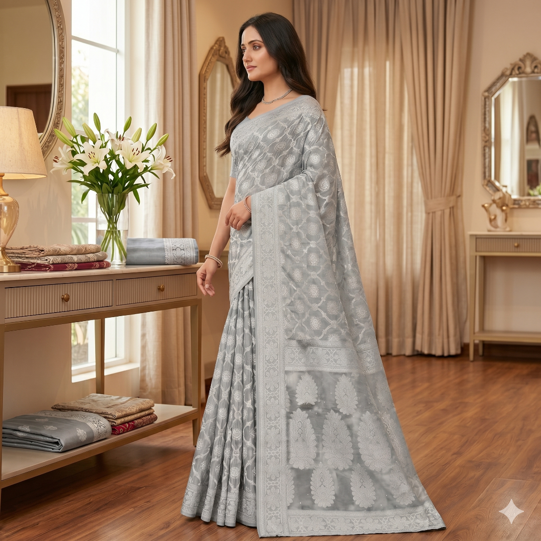 Zafar Silver Mist Cotton Silk Saree
