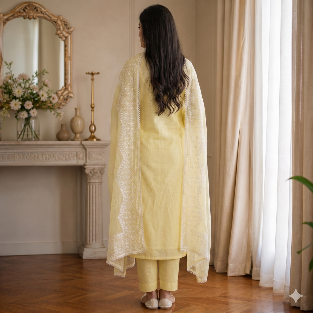 Rangrez Lemon Glow – Glaize Cotton Unstitched Suit Set