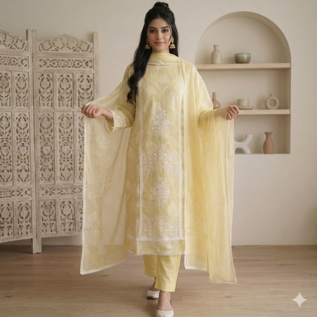 Rangrez Lemon Glow – Glaize Cotton Unstitched Suit Set