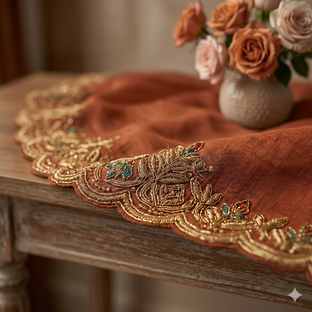 Ethereal Rust Tissue Silk Saree with Swarovski Accents
