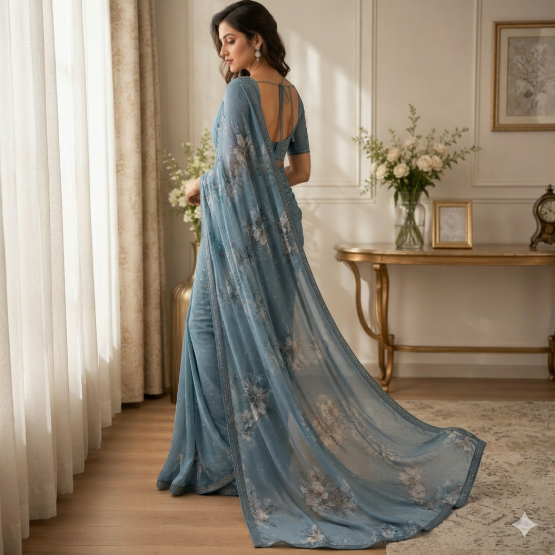 Kinjal Georgette Digital Print Swarovski Work Saree