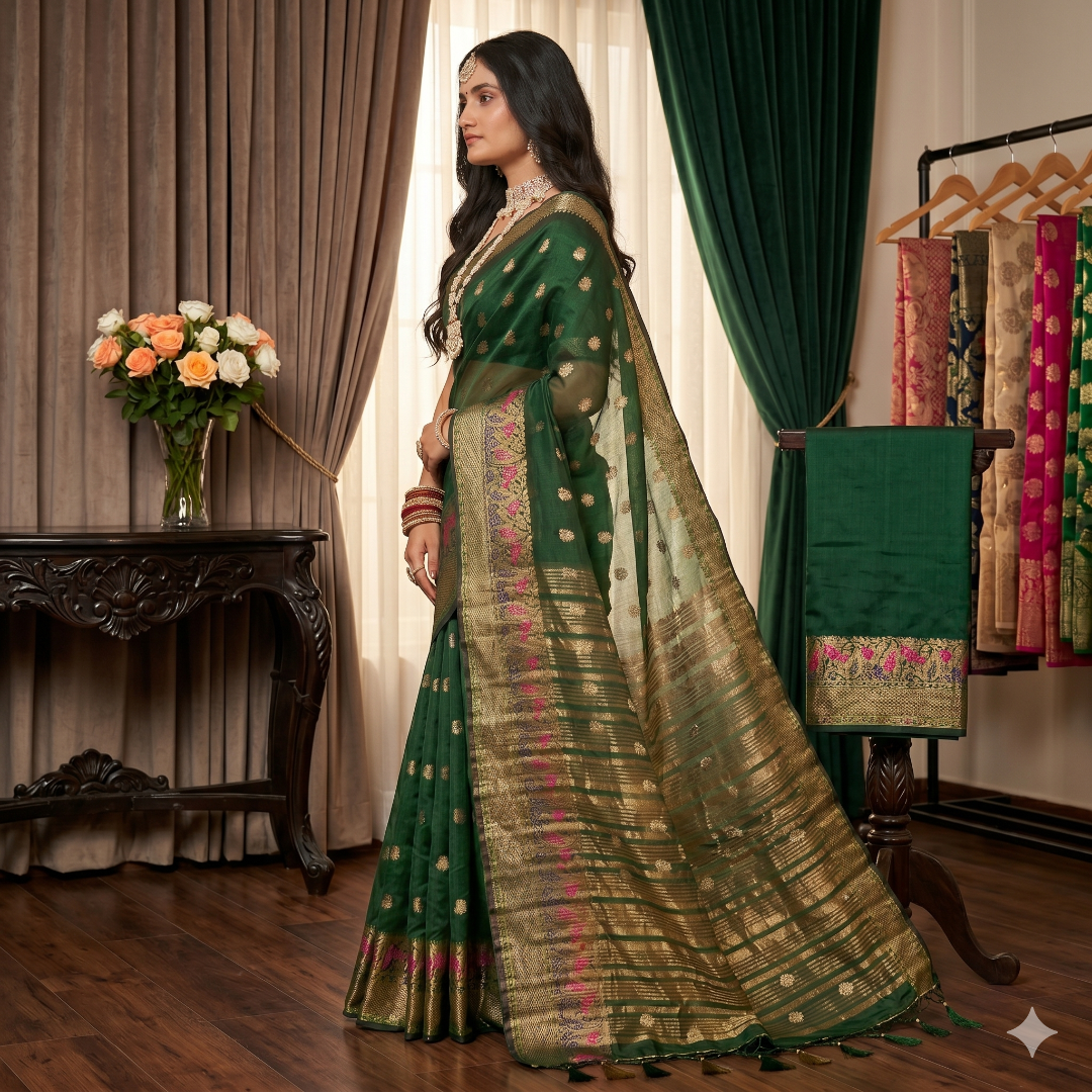 The Vrinda Emerald Green Organza Saree