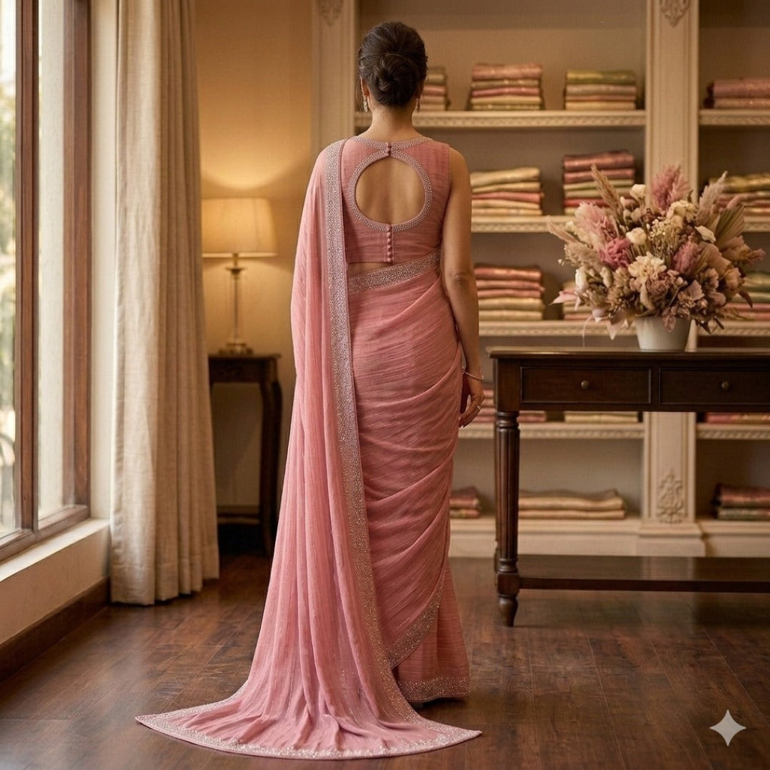 Dark Onion Pink Georgette Saree with Shimmer Lining & Swarovski Work